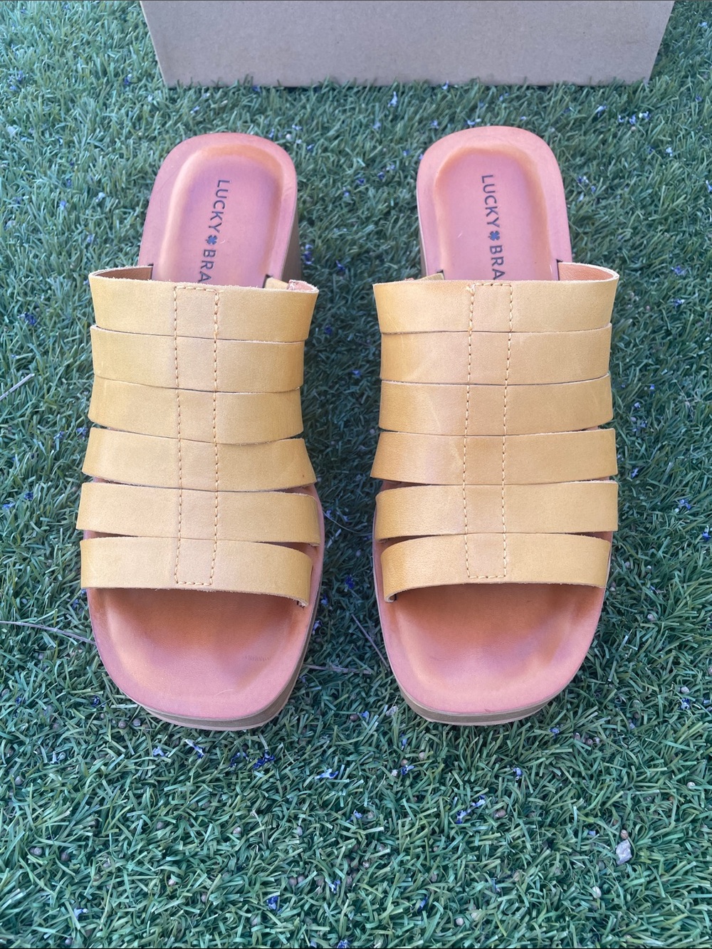 Lucky Brand Mustard Yellow Multi-Strap Slide Mules